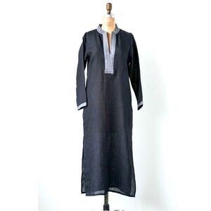 ▫️🆕▪️ Elegant 100% Black Linen Charcoal Trim Kaftan Maxi Dress with pockets✨